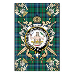 Clan Urquhart Ancient Tartan Crest Black Garden Flag  - Gold Thistle  JW84 Clan Urquhart Tartan Today   