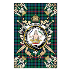 Clan Urquhart Broad Red Ancient Tartan Crest Black Garden Flag  - Gold Thistle  XY79 Clan Urquhart Tartan Today   