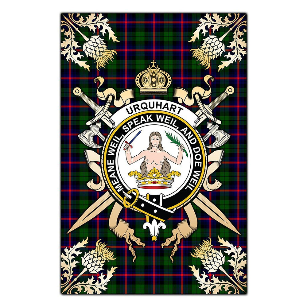 Clan Urquhart Modern Tartan Crest Black Garden Flag  - Gold Thistle  GF92 Clan Urquhart Tartan Today   