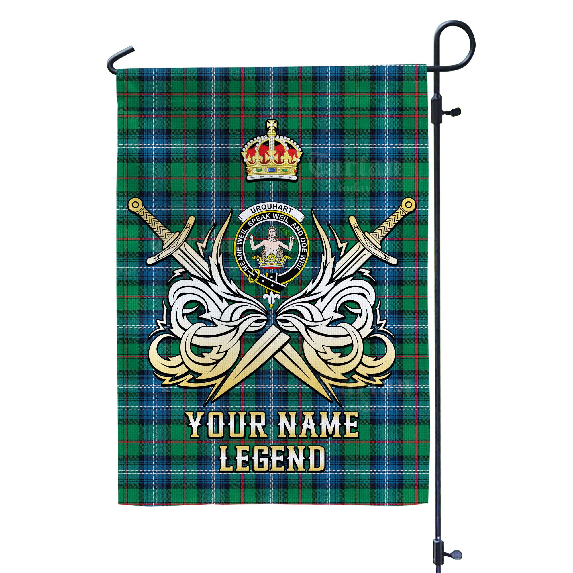 Custom Name Clan Urquhart Ancient Tartan Garden Flag with Clan Crest and the Golden Sword of Courageous Legacy JH99