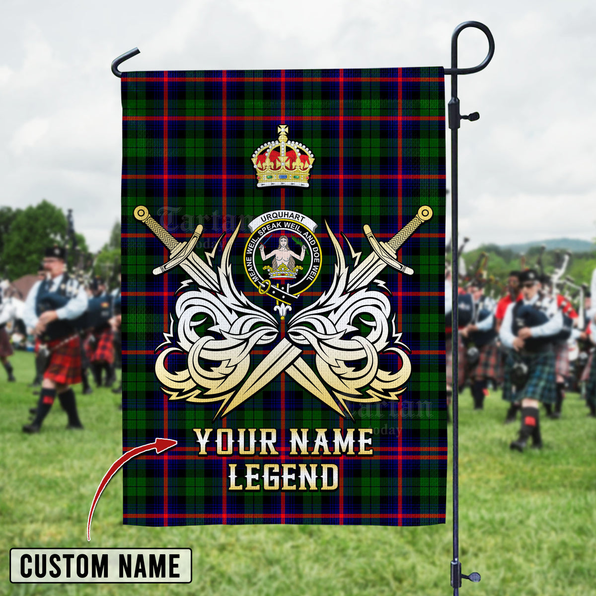 Personalized Custom Name Clan Urquhart Modern Tartan Garden Flag with Clan Crest and the Golden Sword of Courageous Legacy AB17 - Urquhart Modern Tartan Design, Scottish Heritage Gift