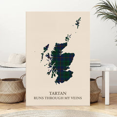 Clan Walker Hunting Modern Tartan Scotland Map Canvas “Tartan Runs Through My Veins” Wall Art MI30