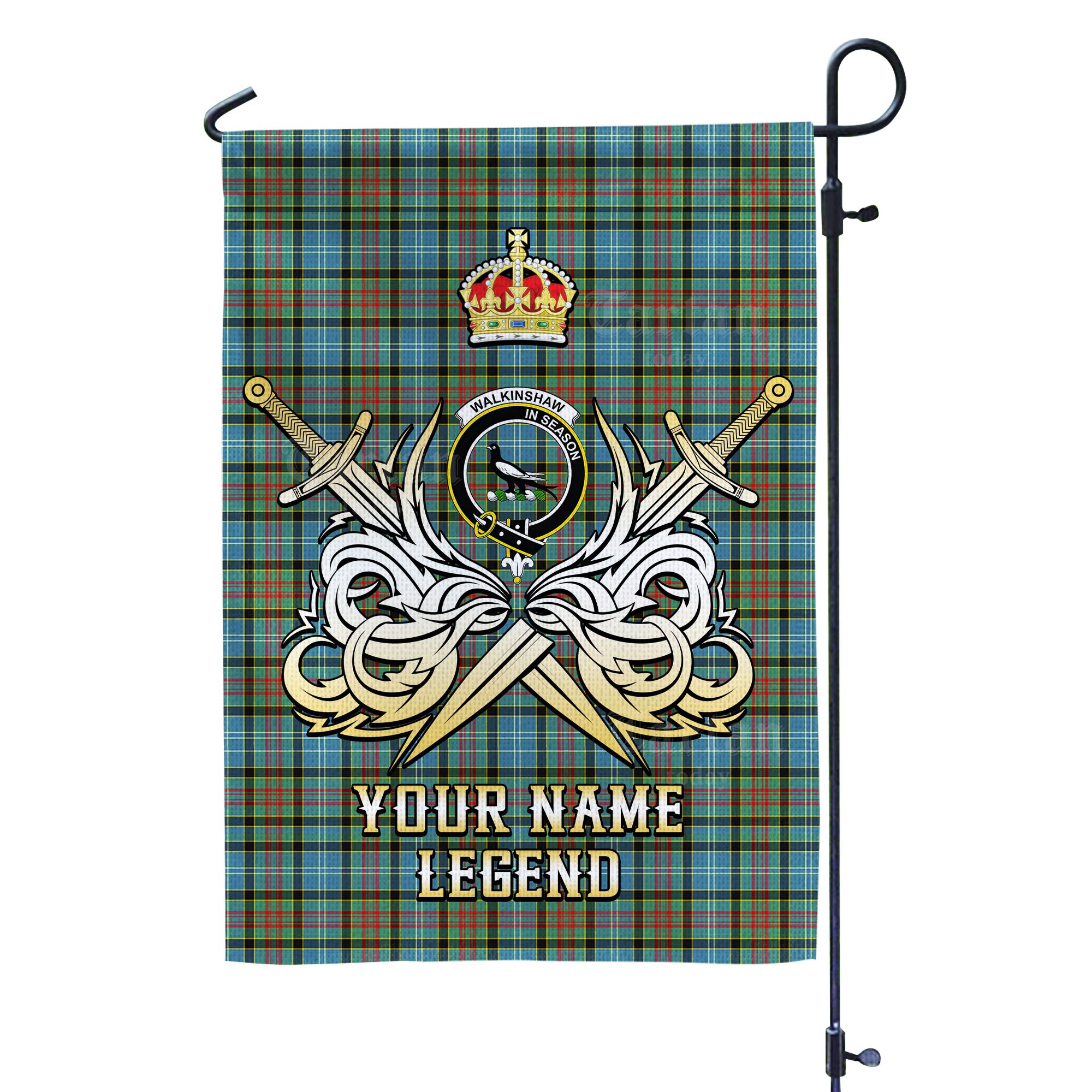 Custom Name Clan Walkinshaw Tartan Garden Flag with Clan Crest and the Golden Sword of Courageous Legacy GS81