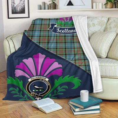 Clan Walkinshaw Tartan Crest Premium Blanket Thistle Style