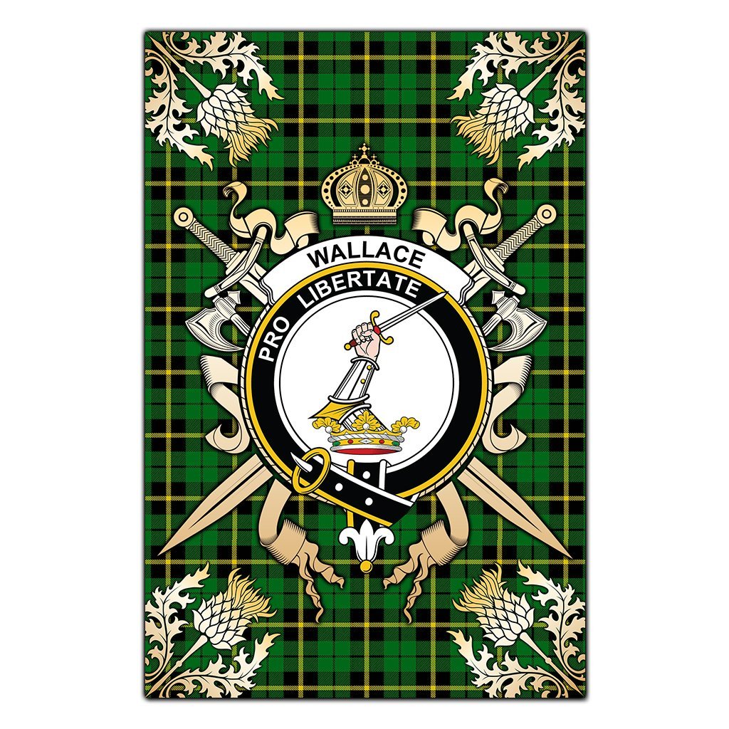 Clan Wallace Hunting Green Tartan Crest Black Garden Flag  - Gold Thistle  HM10 Clan Wallace Tartan Today   