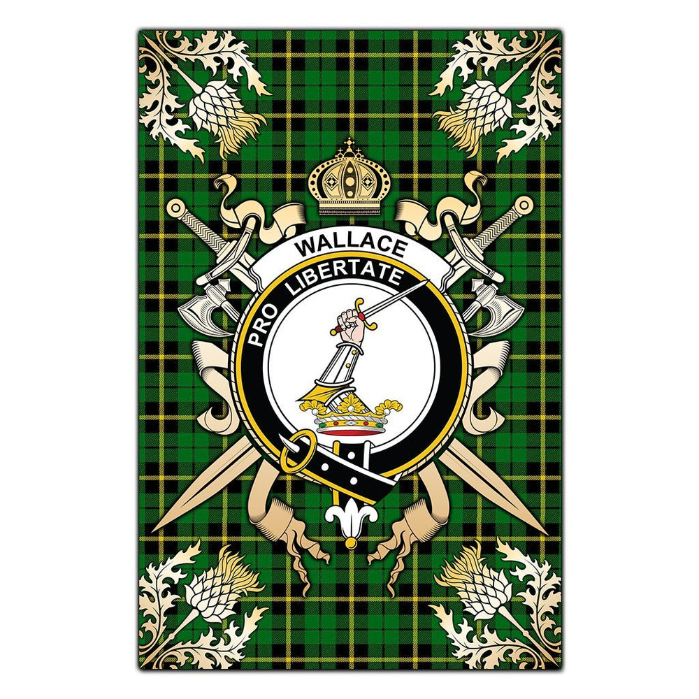 Clan Wallace Hunting Green Tartan Crest Black Garden Flag  - Gold Thistle  HM10 Clan Wallace Tartan Today   