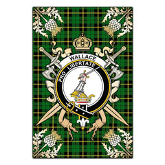 Clan Wallace Hunting Green Tartan Crest Black Garden Flag  - Gold Thistle  HM10 Clan Wallace Tartan Today   