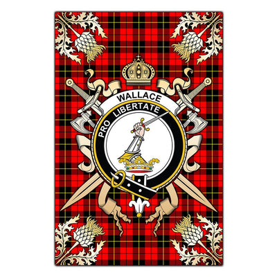 Clan Wallace Hunting Red Tartan Crest Black Garden Flag - Gold Thistle
