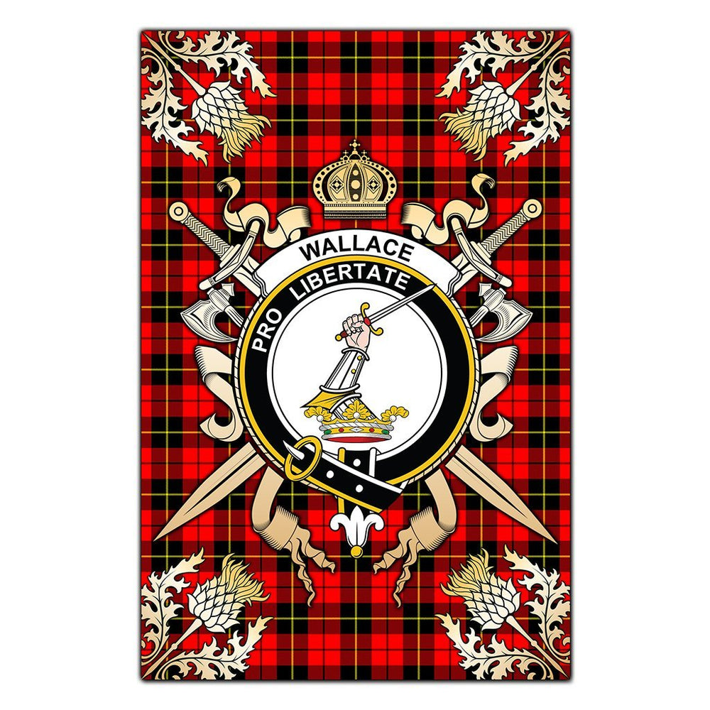 Clan Wallace Hunting Red Tartan Crest Black Garden Flag  - Gold Thistle  BS28 Clan Wallace Tartan Today   
