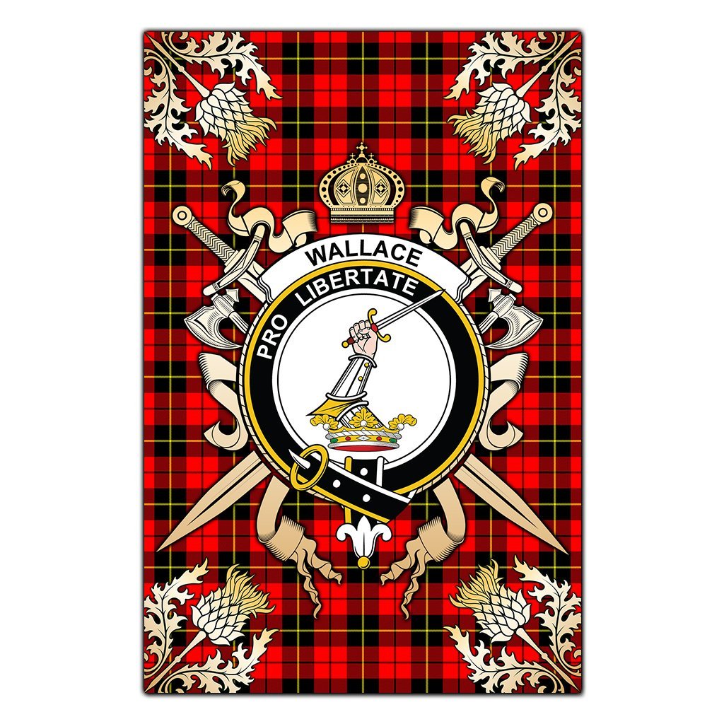 Clan Wallace Hunting Red Tartan Crest Black Garden Flag  - Gold Thistle  BS28 Clan Wallace Tartan Today   
