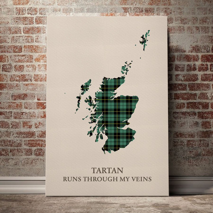 Wallace Hunting Ancient Tartan Scotland Map Canvas – “Tartan Runs Through My Veins” Wall Art