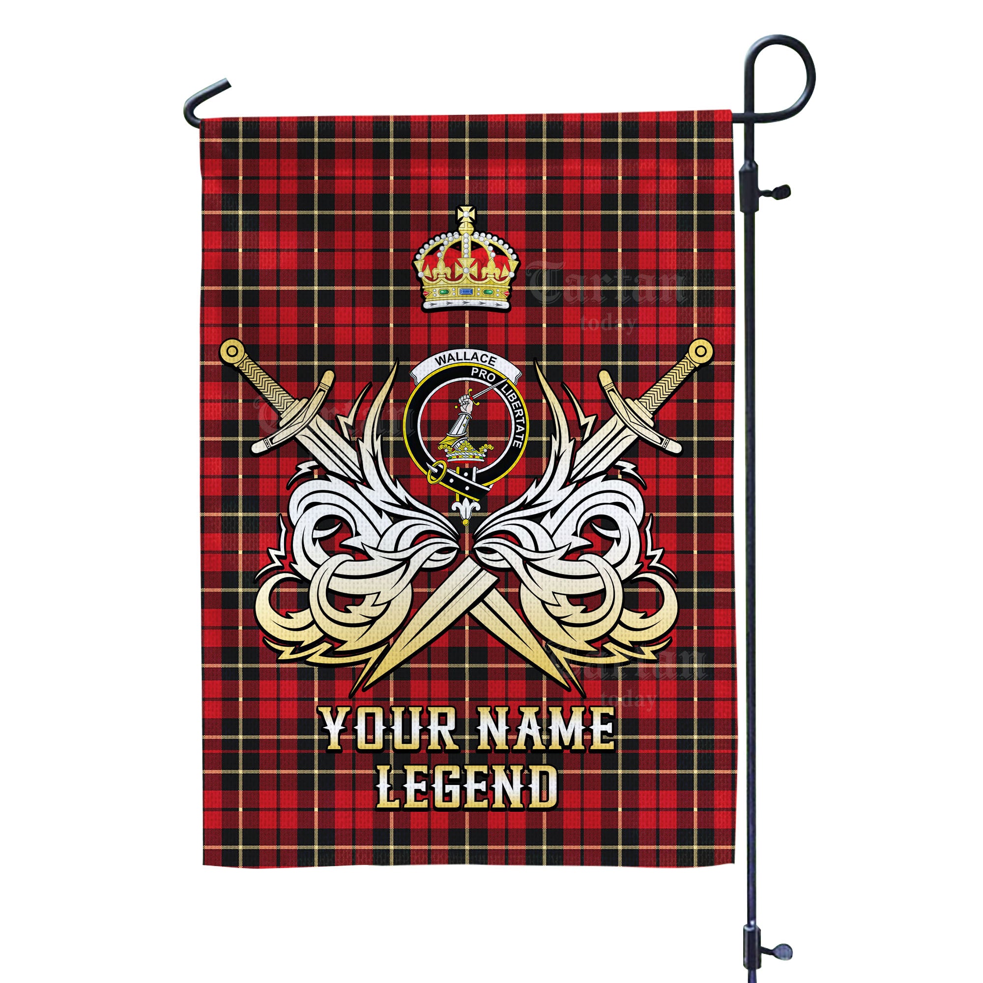 Custom Name Clan Wallace Hunting Tartan Garden Flag with Clan Crest and the Golden Sword of Courageous Legacy NE13