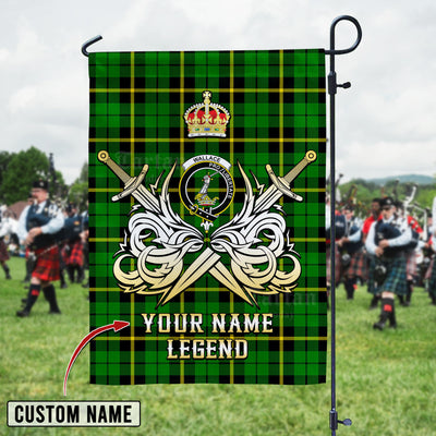 Custom Name Clan Wallace Hunting Green Tartan Garden Flag with Clan Crest and the Golden Sword of Courageous Legacy