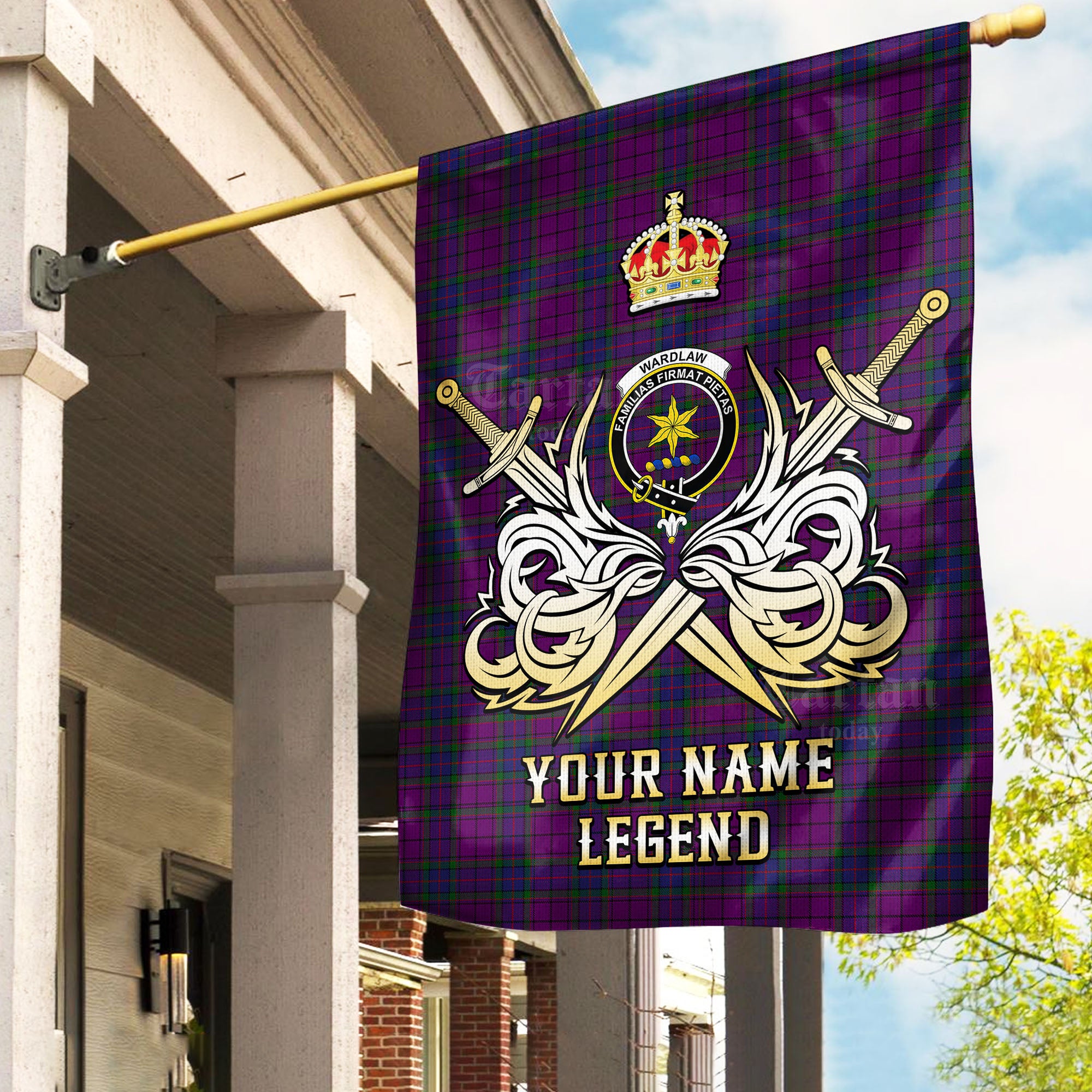 Custom Name Clan Wardlaw Tartan Garden Flag with Clan Crest and the Golden Sword of Courageous Legacy DS98