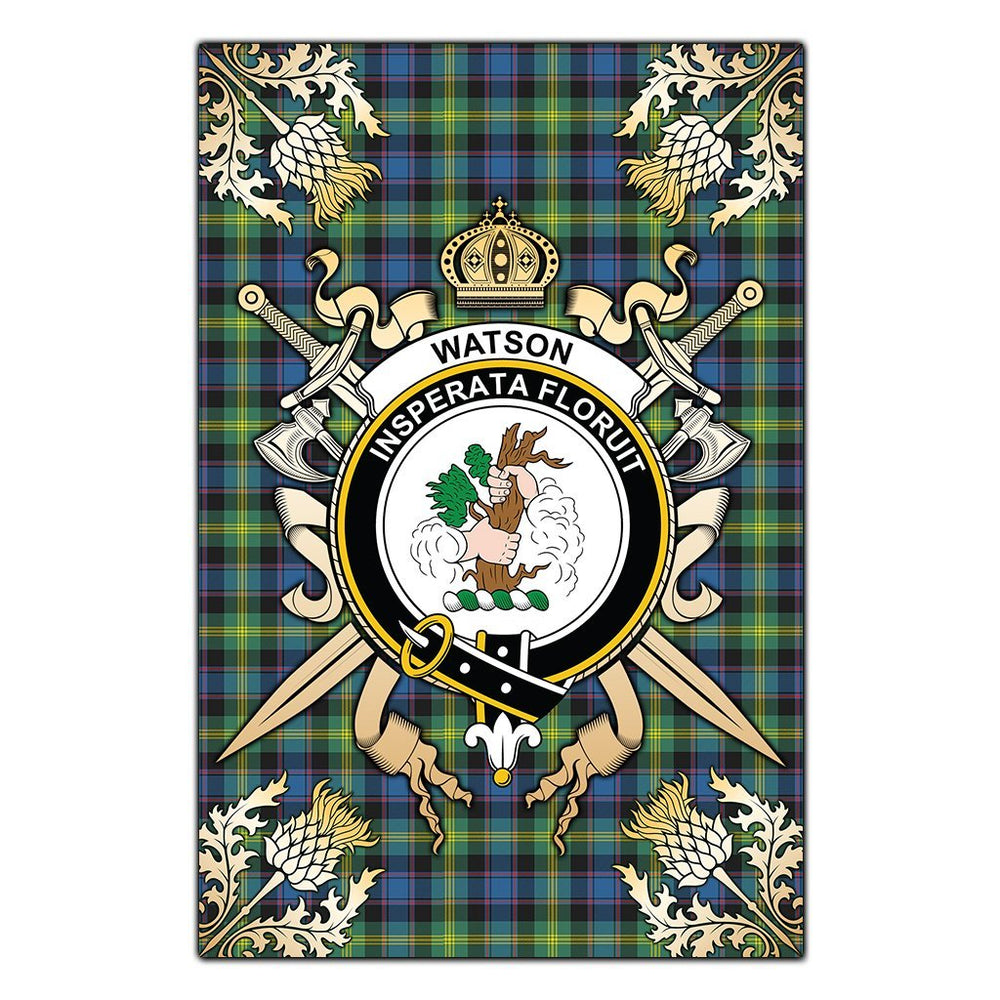 Clan Watson Ancient Tartan Crest Black Garden Flag  - Gold Thistle  DP52 Clan Watson Tartan Today   