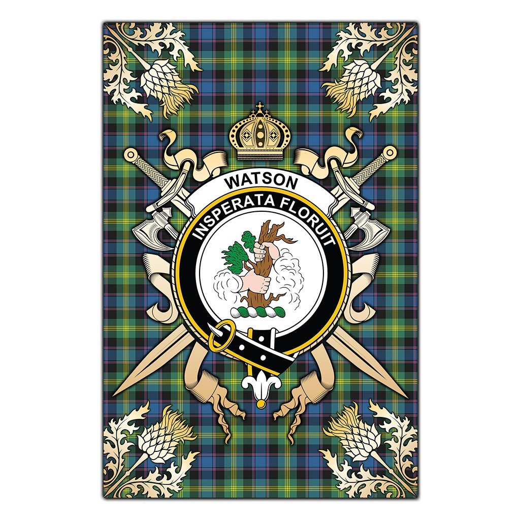 Clan Watson Ancient Tartan Crest Black Garden Flag  - Gold Thistle  DP52 Clan Watson Tartan Today   