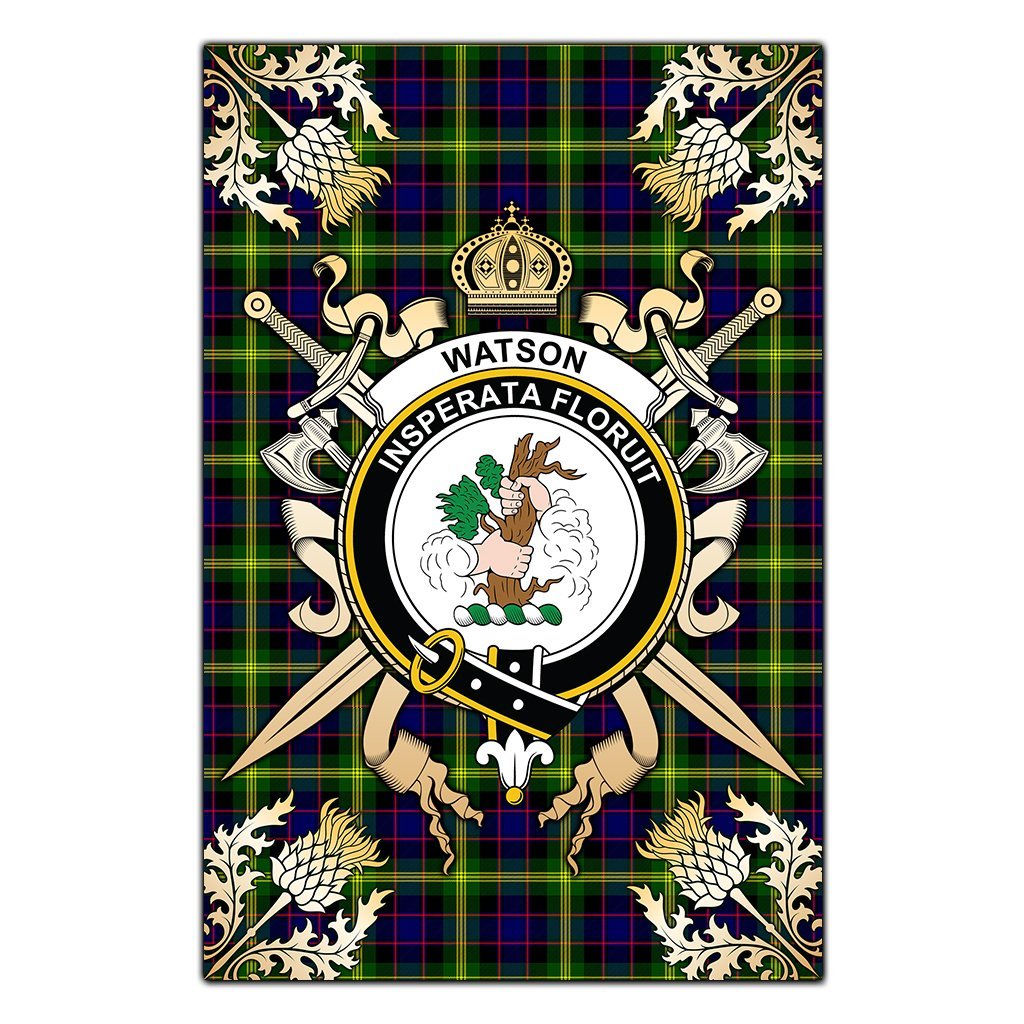 Clan Watson Modern Tartan Crest Black Garden Flag  - Gold Thistle  WJ36 Clan Watson Tartan Today   