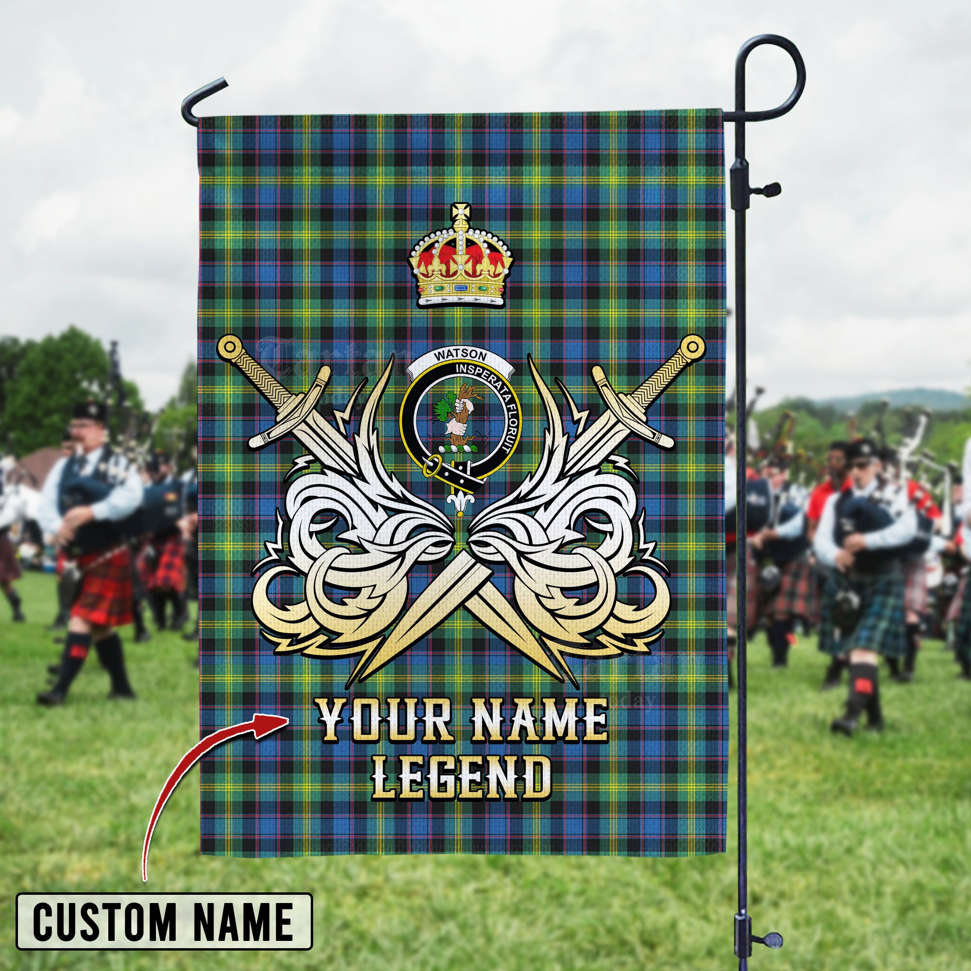 Personalized Custom Name Clan Watson Ancient Tartan Garden Flag with Clan Crest and the Golden Sword of Courageous Legacy SW30 - Watson Ancient Tartan Design, Scottish Heritage Gift