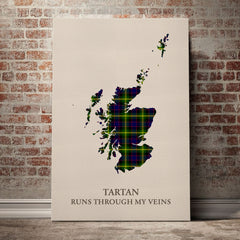 Watson Modern Tartan Scotland Map Canvas – “Tartan Runs Through My Veins” Wall Art