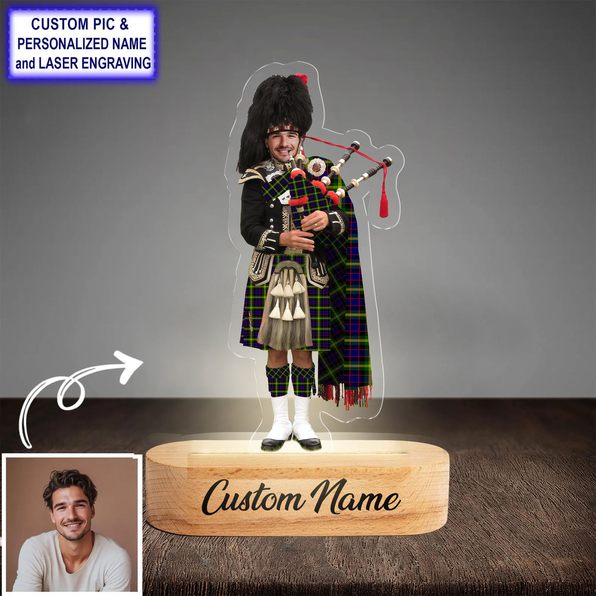Custom Bagpipe Watson Modern Tartan LED Night Light - Personalized Scottish Bagpiper Figurine with Wooden Stand