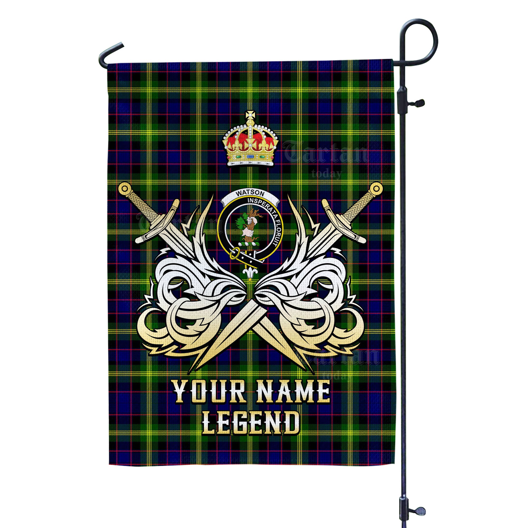 Custom Name Clan Watson Modern Tartan Garden Flag with Clan Crest and the Golden Sword of Courageous Legacy JN85