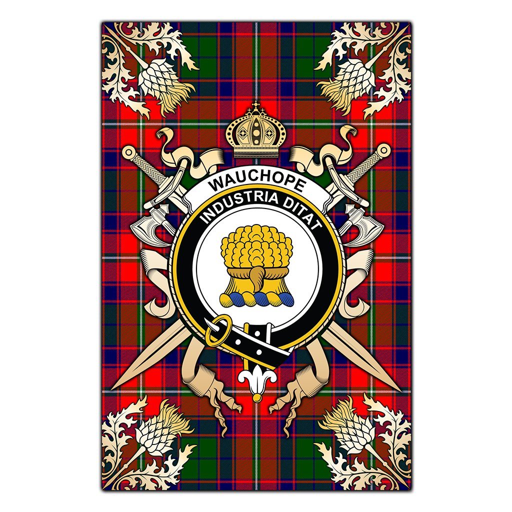 Clan Wauchope Tartan Crest Black Garden Flag  - Gold Thistle  NY97 Clan Wauchope Tartan Today   