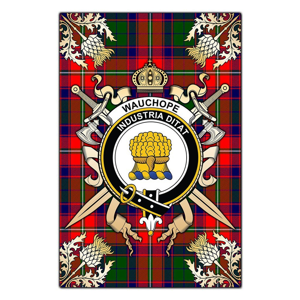 Clan Wauchope Tartan Crest Black Garden Flag  - Gold Thistle  NY97 Clan Wauchope Tartan Today   