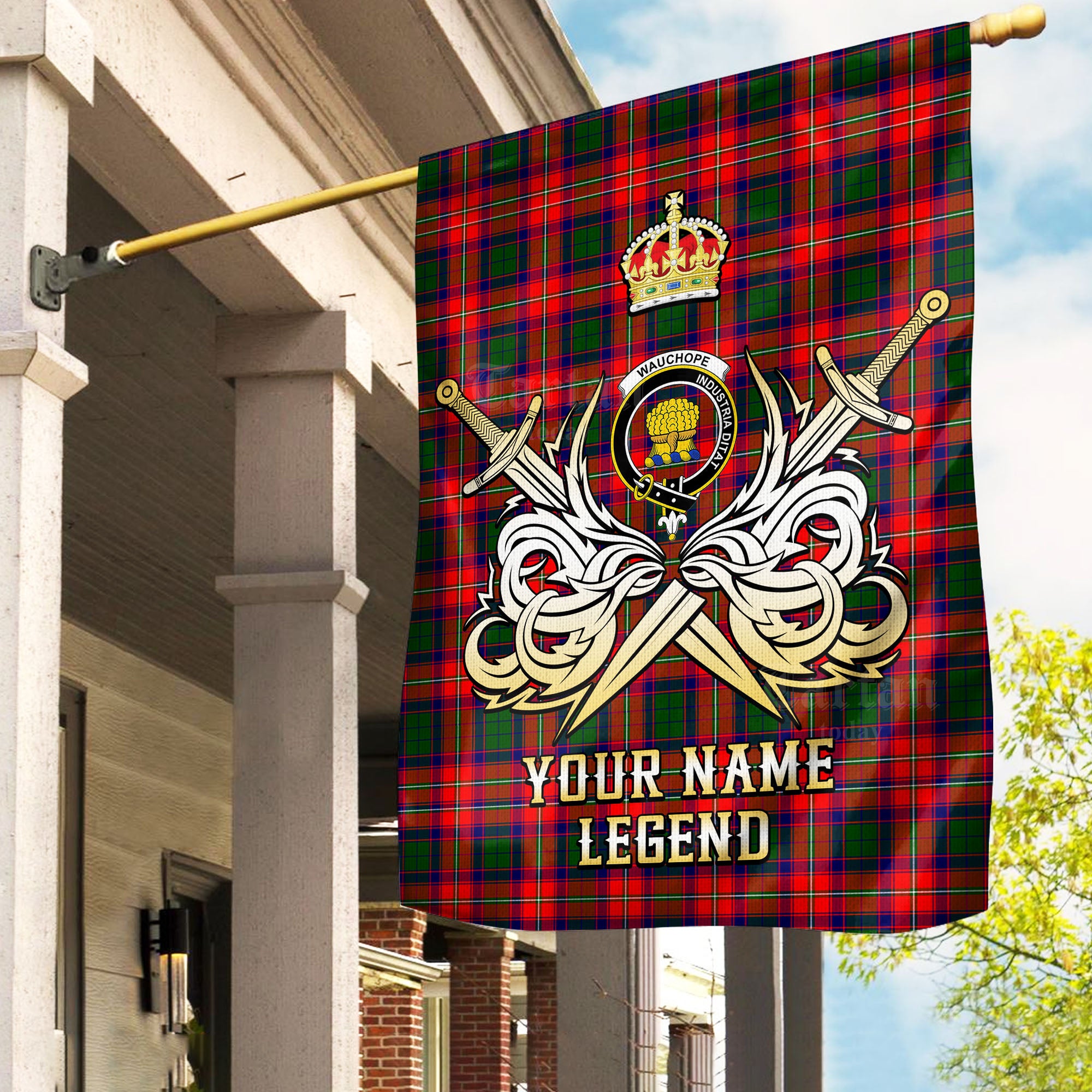 Custom Name Clan Wauchope Tartan Garden Flag with Clan Crest and the Golden Sword of Courageous Legacy SQ43