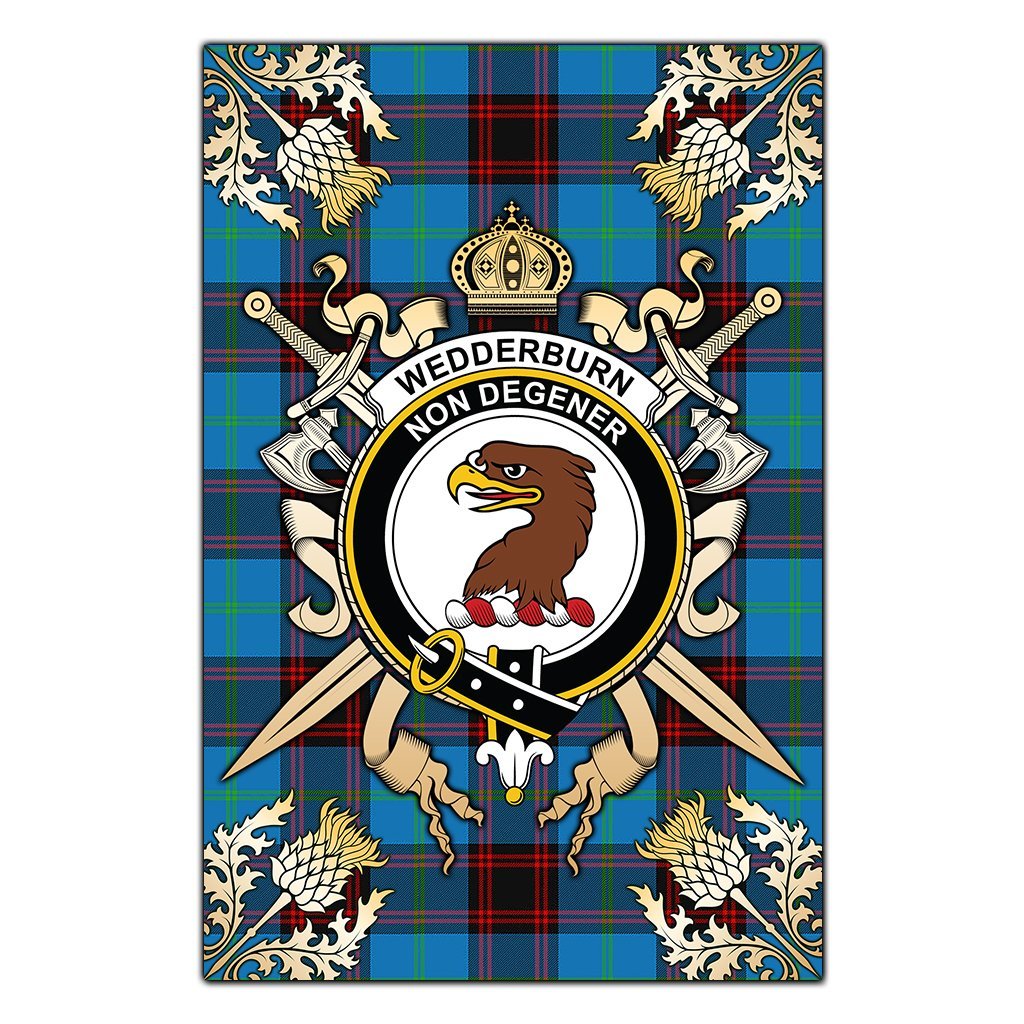 Clan Wedderburn Tartan Crest Black Garden Flag  - Gold Thistle  CY98 Clan Wedderburn Tartan Today   