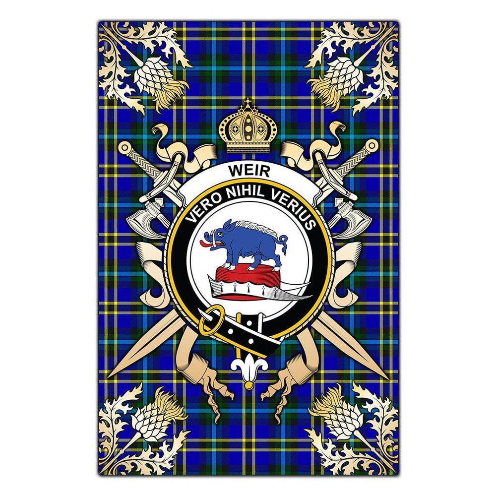 Clan Weir Modern Tartan Crest Black Garden Flag  - Gold Thistle  EK82 Clan Weir Tartan Today   