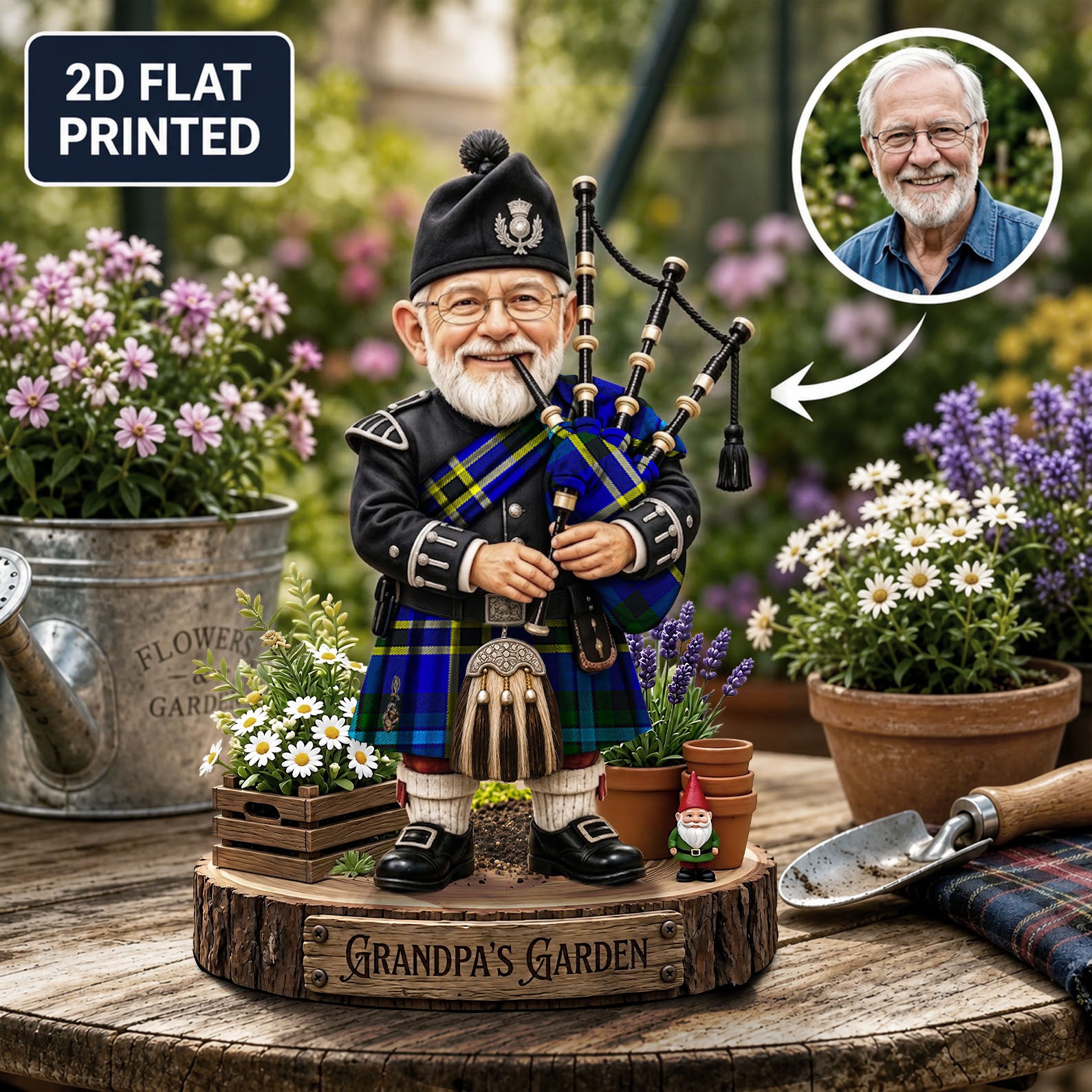 Personalized Weir Modern Clan Bagpipe Garden Gnome Caricature Plaque Custom Photo, Any Clan Tartan, Wood or Acrylic, Grandpa & Dad Gift, Scottish Highland Garden Decor PT58