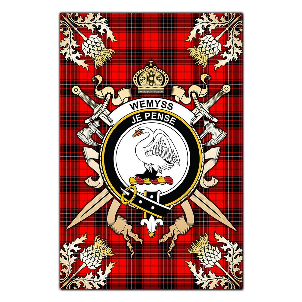 Clan Wemyss Modern Tartan Crest Black Garden Flag  - Gold Thistle  AO11 Clan Wemyss Tartan Today   