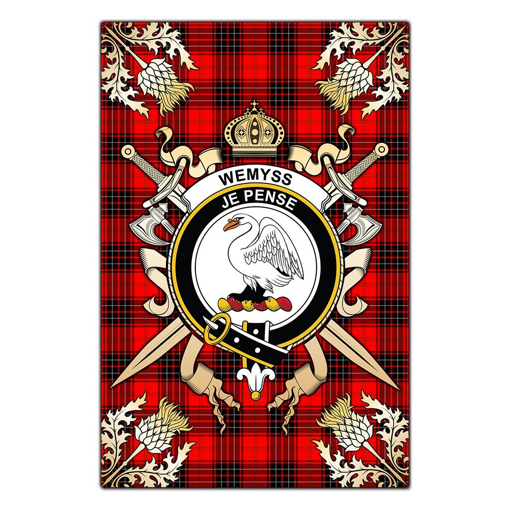 Clan Wemyss Modern Tartan Crest Black Garden Flag  - Gold Thistle  AO11 Clan Wemyss Tartan Today   
