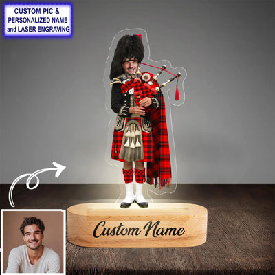 Custom Bagpipe Wemyss Modern Tartan LED Night Light - Personalized Scottish Bagpiper Figurine with Wooden Stand