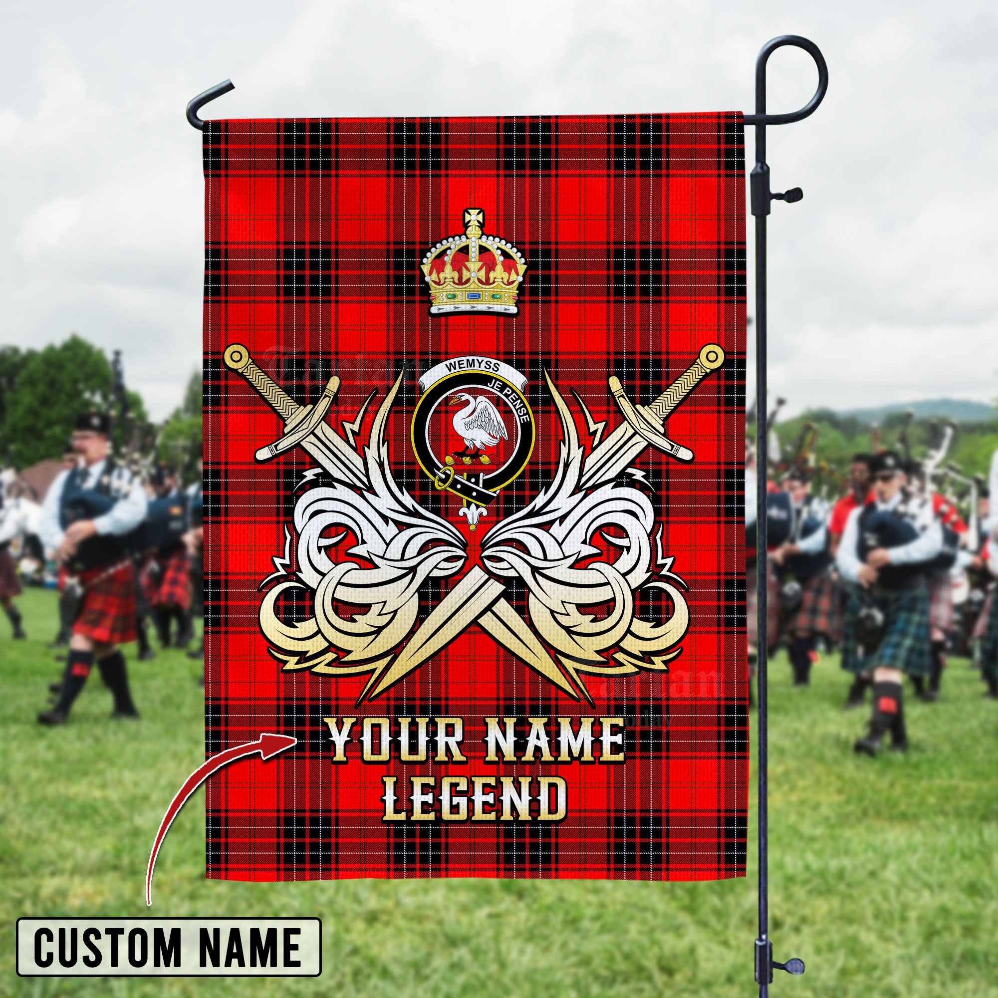Personalized Custom Name Clan Wemyss Modern Tartan Garden Flag with Clan Crest and the Golden Sword of Courageous Legacy SL72 - Wemyss Modern Tartan Design, Scottish Heritage Gift