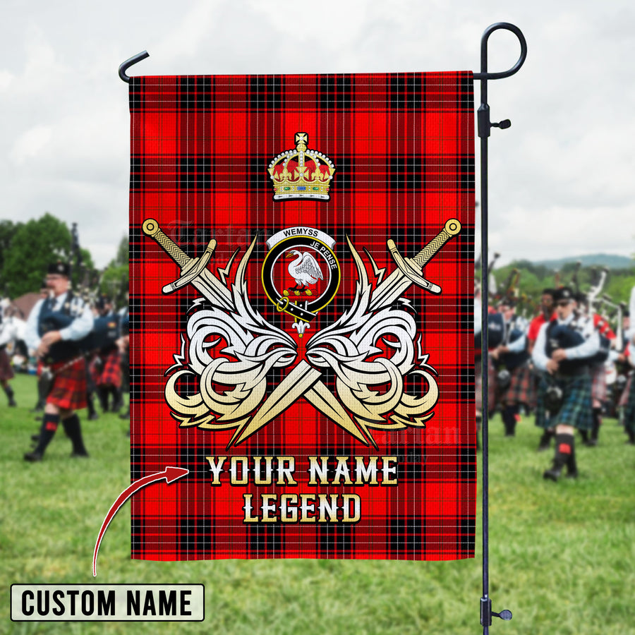 Personalized Custom Name Clan Wemyss Modern Tartan Garden Flag with Clan Crest and the Golden Sword of Courageous Legacy SL72 - Wemyss Modern Tartan Design, Scottish Heritage Gift