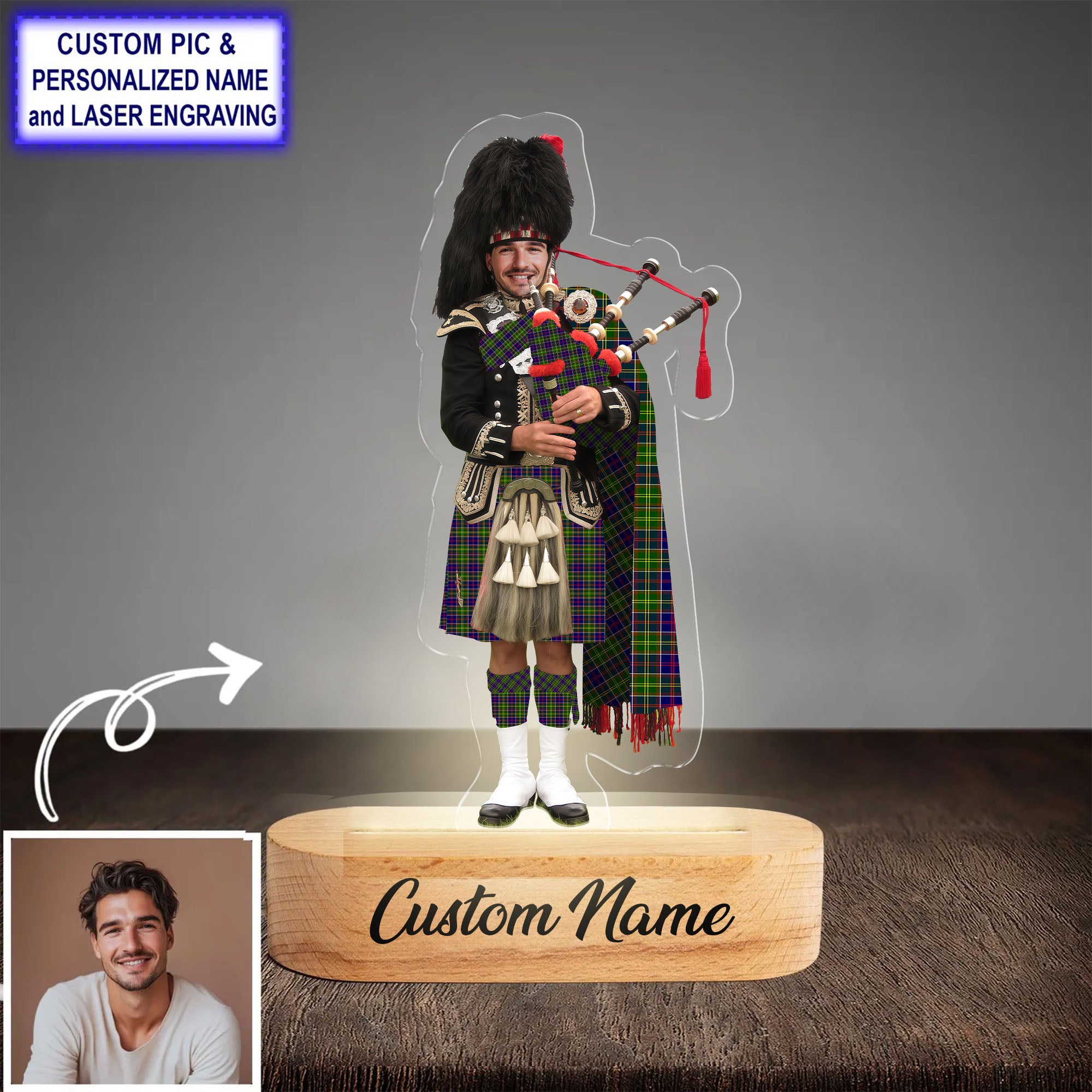 Custom Bagpipe Whitefoord Tartan LED Night Light - Personalized Scottish Bagpiper Figurine with Wooden Stand