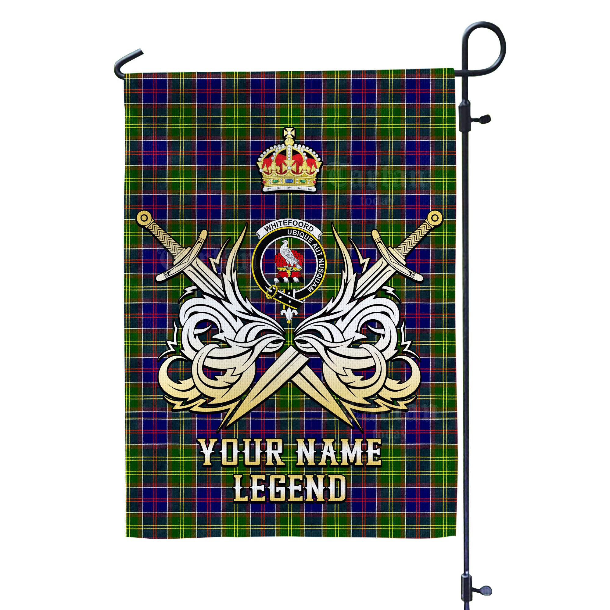 Custom Name Clan Whitefoord Tartan Garden Flag with Clan Crest and the Golden Sword of Courageous Legacy MB64
