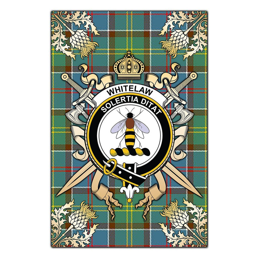 Clan Whitelaw Tartan Crest Black Garden Flag  - Gold Thistle  PS98 Clan Whitelaw Tartan Today   