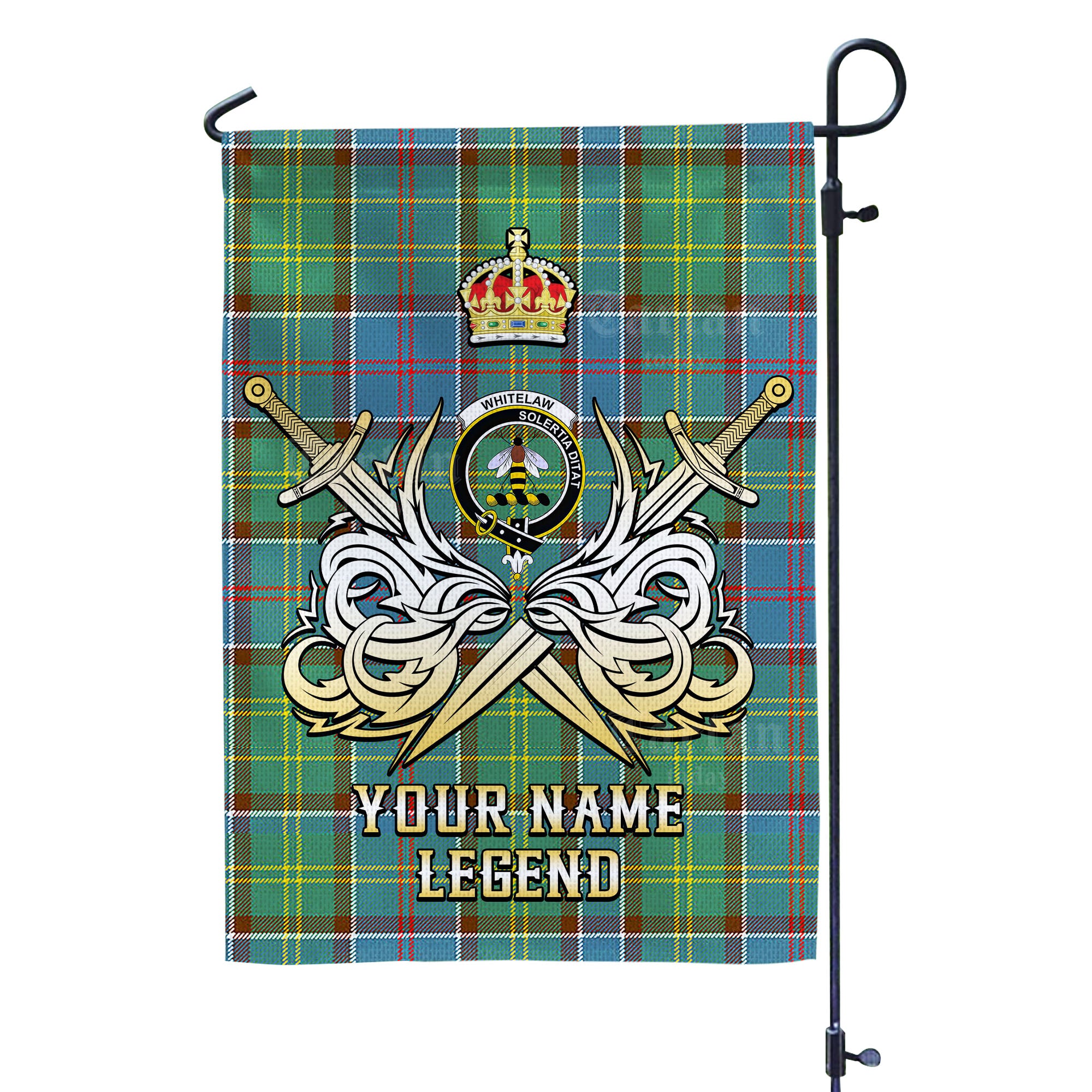 Custom Name Clan Whitelaw Tartan Garden Flag with Clan Crest and the Golden Sword of Courageous Legacy WJ67