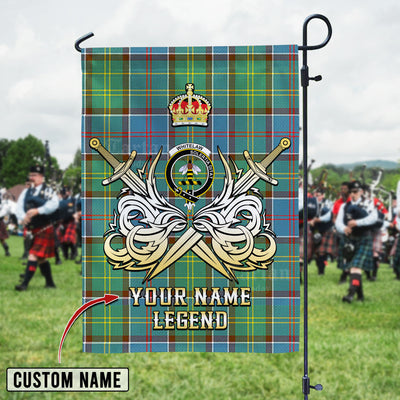 Custom Name Clan Whitelaw Tartan Garden Flag with Clan Crest and the Golden Sword of Courageous Legacy