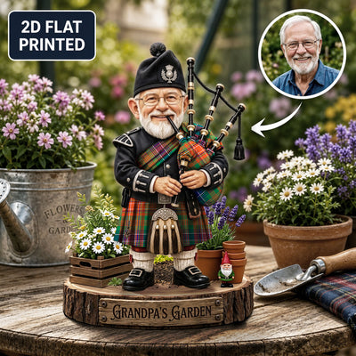 Personalized Wilson Ancient Clan Bagpipe Garden Gnome Caricature Plaque Custom Photo, Any Clan Tartan, Wood or Acrylic, Grandpa & Dad Gift, Scottish Highland Garden Decor IW39