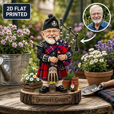 Personalized Wishart Dress Clan Bagpipe Garden Gnome Caricature Plaque Custom Photo, Any Clan Tartan, Wood or Acrylic, Grandpa & Dad Gift, Scottish Highland Garden Decor QC64