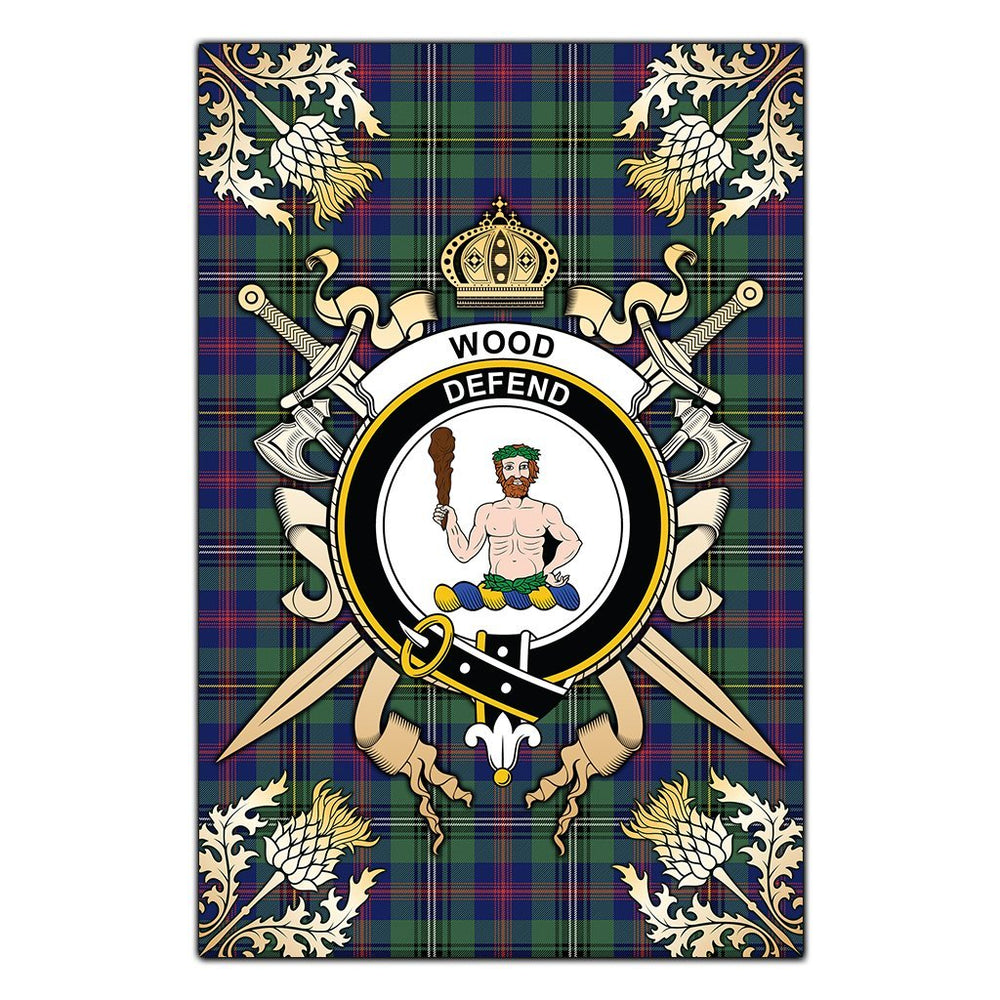 Clan Wood Modern Tartan Crest Black Garden Flag  - Gold Thistle  UY76 Clan Wood Tartan Today   