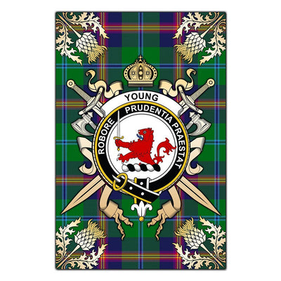 Clan Young Modern Tartan Crest Black Garden Flag - Gold Thistle YA63
