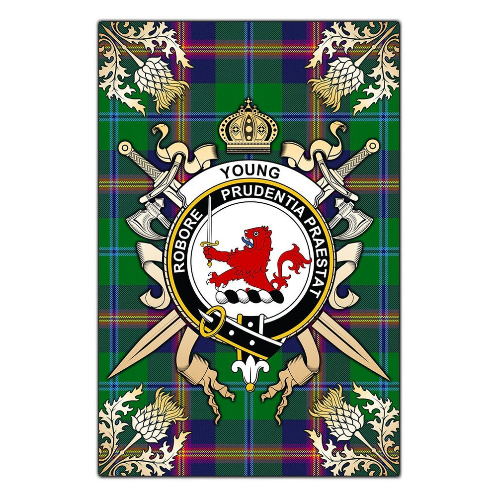 Clan Young Modern Tartan Crest Black Garden Flag  - Gold Thistle  YA63 Clan Young Tartan Today   