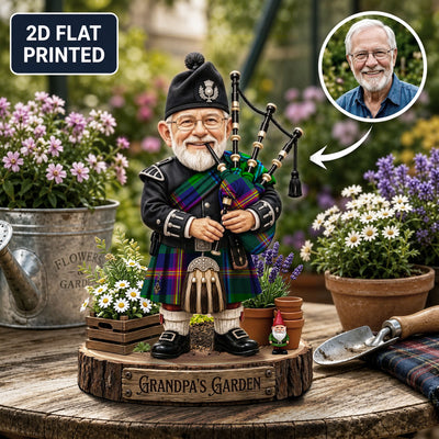 Personalized Young Modern Clan Bagpipe Garden Gnome Caricature Plaque Custom Photo, Any Clan Tartan, Wood or Acrylic, Grandpa & Dad Gift, Scottish Highland Garden Decor EE85