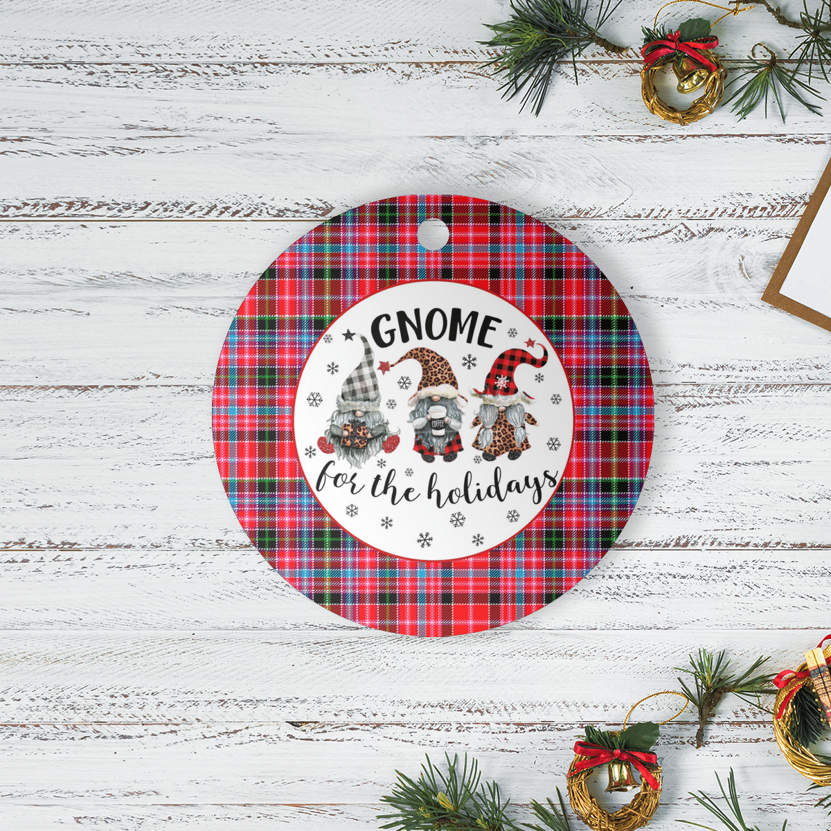 Clan Aberdeen District Tartan Gnome Round Ceramic Ornament KU58 Aberdeen District Tartan Tartan Christmas   