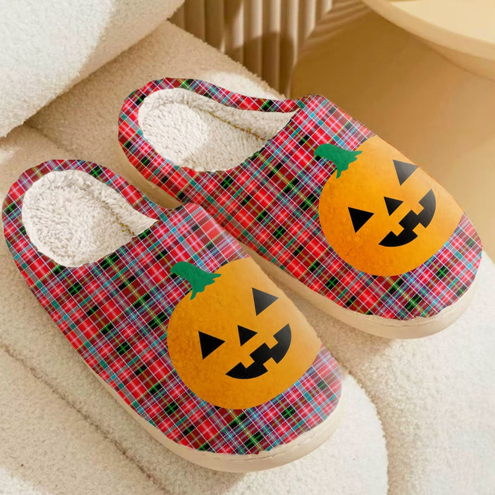 Clan Aberdeen District Tartan Halloween Pumpkin Slippers, Fluffy Spooky Slippers HD36 Aberdeen District Tartan Tartan Halloween   