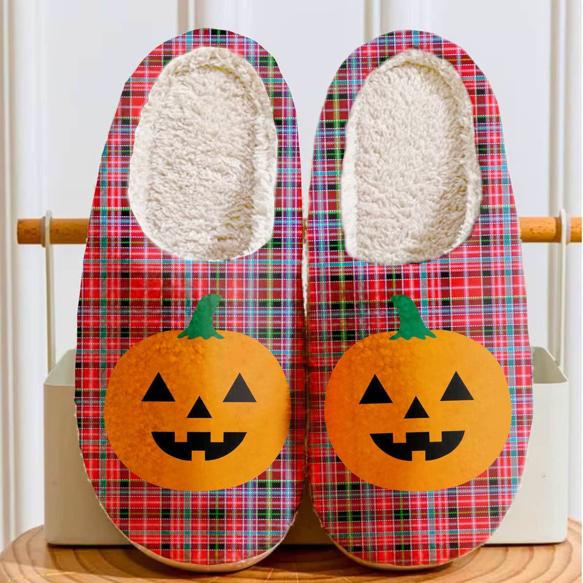 Clan Aberdeen District Tartan Halloween Pumpkin Slippers, Fluffy Spooky Slippers HD36 Aberdeen District Tartan Tartan Halloween   